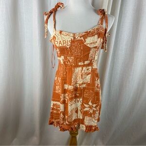 Urban Outfitters Women’s Large Mini Dress Jolene Postcard All-Over Print‎ Linen